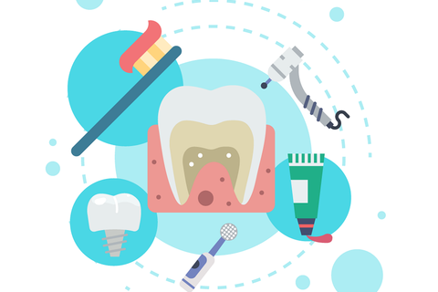 Grafik bzgl. Zahngesundheit. In der Mitte ist ein Zahn. Darum angeordnet sind Zahnpflegeutensilien angeordnet.