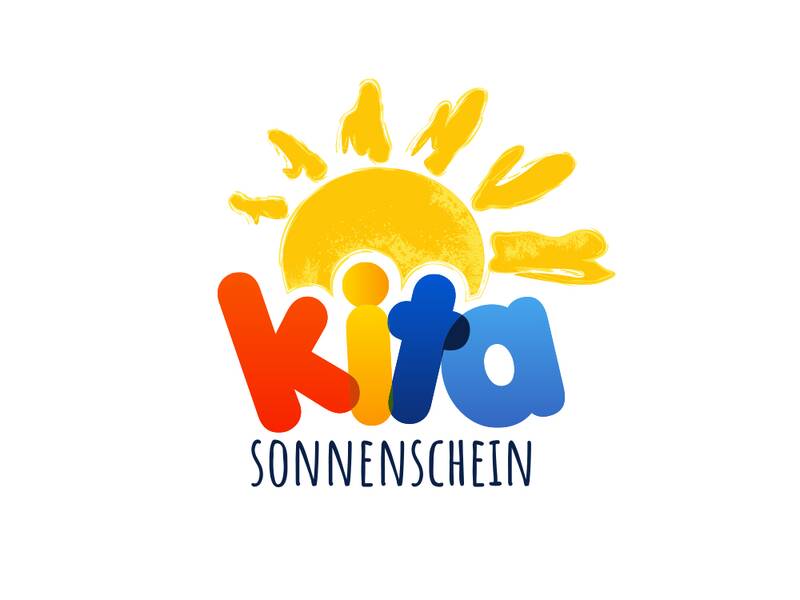 Logo der Kita Sonnenschein, oben ist eine strahlende Sonne und darunter der Schriftzug Kita in bunten Farben und der Schriftzug Sonnenschein in schwarz