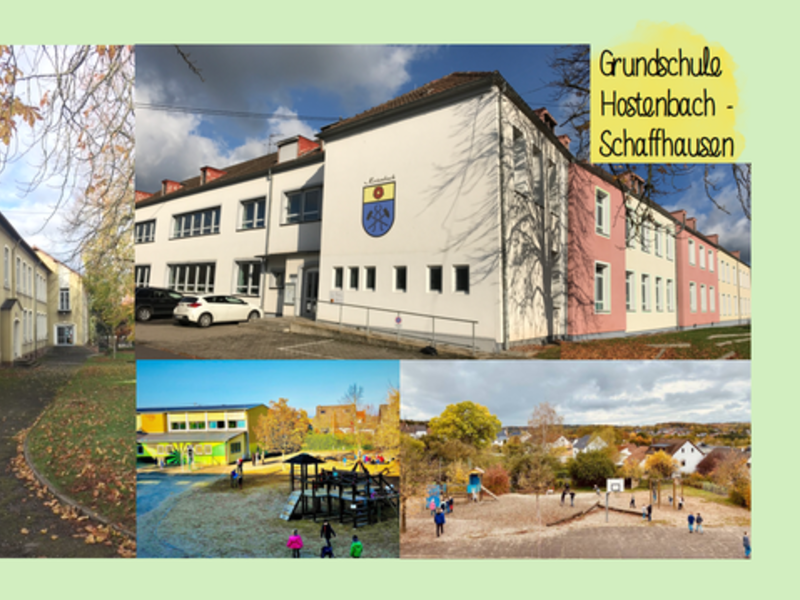 Auf der Collage Grundschule Hostenbach-Schaffhausen werden vier Bilder angezeigt. Links ist der Standort der Grundschule Schaffhausen zu sehen. In der rechten oberen Ecke wird der Standort der Grundschule Hostenbach gezeigt. Darunter ist je ein Bild der Schulhöfe jeden Standortes. Auf diesen beiden Bildern sind Spielgeräte auf einem Sandplatz mit spielenden Kindern abgebildet. 