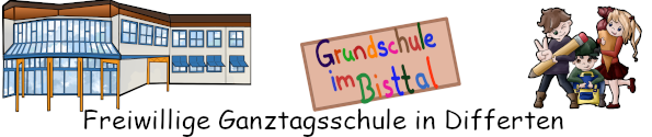 Logo der Grundschule im Bisttal- Freiwillige Ganztagsschule in Differten. Links: Außenansicht des Schulgebäudes als Comic-Zeichnung; Mitte: Schild, auf dem in bunten Buchstaben "Grundschule im Bisttal" steht; Rechts: drei Kinder als Comic-Zeichnung, von links nach rechts: ein braunhaariger stehender Junge, der einen Bleistift hält und das Victory-Zeichen macht; ein braunhaariger Junge, in der Hocke, der eine grüne Mütze trägt und einen blau-gelben Rucksack in den Händen hält; ein blondes Mädchen, das mit einem roten Rock und einem orangenen Oberteil bekleidet ist. Es hält eine Schultüte in den Händen.