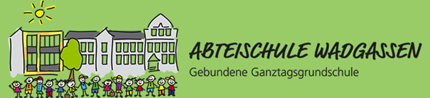 Logo Abteischule Wadgassen: grüner Hintergrund, darauf: Zeichnung des Gebäudes der Schule, vor dem Gebäude stehen Kinder